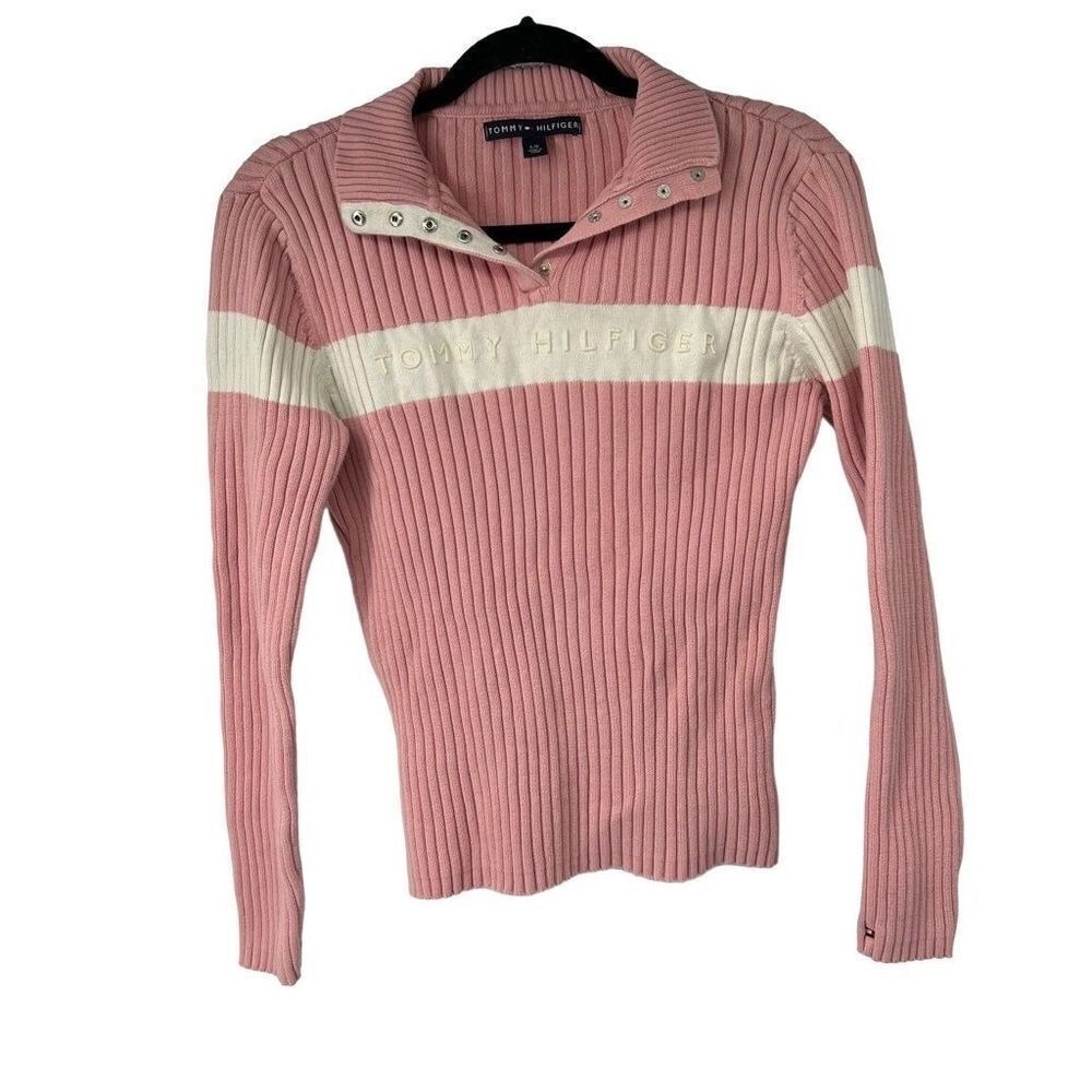 Vintage Tommy Hilfiger Light Pink & White Ribbed‎ Collared Sweater